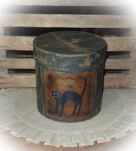 Load image into Gallery viewer, Rustic Farmhouse Aged Grungy Distressed Creepy Halloween Pantry Box~Spooky Black Cat Label~Primitive Halloween Table Decor~Black~Halloween