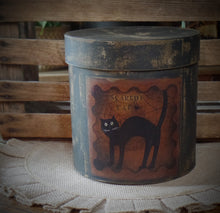 Load image into Gallery viewer, Rustic Farmhouse Aged Grungy Distressed Creepy Halloween Pantry Box~Spooky Black Cat Label~Primitive Halloween Table Decor~Black~Halloween