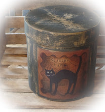Load image into Gallery viewer, Rustic Farmhouse Aged Grungy Distressed Creepy Halloween Pantry Box~Spooky Black Cat Label~Primitive Halloween Table Decor~Black~Halloween
