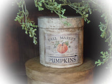 Load image into Gallery viewer, Primitive Autumn Pumpkin Distressed Aged Grungy Painted Paper Mache Stacking Pantry Box~Farmhouse Pumpkin~ Rustic Tattered Worn Label~