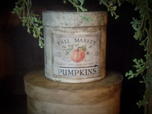 Load image into Gallery viewer, Primitive Autumn Pumpkin Distressed Aged Grungy Painted Paper Mache Stacking Pantry Box~Farmhouse Pumpkin~ Rustic Tattered Worn Label~
