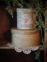 Load image into Gallery viewer, Primitive Autumn Pumpkin Distressed Aged Grungy Painted Paper Mache Stacking Pantry Box~Farmhouse Pumpkin~ Rustic Tattered Worn Label~