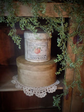 Load image into Gallery viewer, Primitive Autumn Pumpkin Distressed Aged Grungy Painted Paper Mache Stacking Pantry Box~Farmhouse Pumpkin~ Rustic Tattered Worn Label~