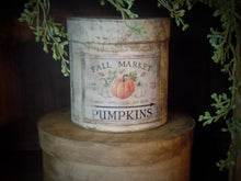 Load image into Gallery viewer, Primitive Autumn Pumpkin Distressed Aged Grungy Painted Paper Mache Stacking Pantry Box~Farmhouse Pumpkin~ Rustic Tattered Worn Label~