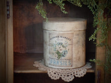Load image into Gallery viewer, Primitive Autumn Blue Pansie Distressed Aged Grungy Painted Paper Mache Stacking Pantry Box~Farmhouse Flower Pansie~ Rustic Tattered Label~
