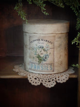 Load image into Gallery viewer, Primitive Autumn Blue Pansie Distressed Aged Grungy Painted Paper Mache Stacking Pantry Box~Farmhouse Flower Pansie~ Rustic Tattered Label~