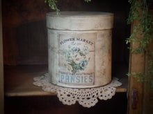 Load image into Gallery viewer, Primitive Autumn Blue Pansie Distressed Aged Grungy Painted Paper Mache Stacking Pantry Box~Farmhouse Flower Pansie~ Rustic Tattered Label~