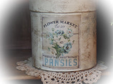 Load image into Gallery viewer, Primitive Autumn Blue Pansie Distressed Aged Grungy Painted Paper Mache Stacking Pantry Box~Farmhouse Flower Pansie~ Rustic Tattered Label~