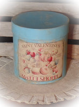 Load image into Gallery viewer, Primitive Distressed Aged Grungy Farmhouse Valentine Pantry Box~Rustic Blue Valentine's Day Decor~Tattered Label~Painted Paper Mache Box