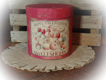 Load image into Gallery viewer, Primitive Distressed Aged Grungy Farmhouse Valentine Pantry Box~Rustic Valentine's Day Decor~Tattered Label~Painted Paper Mache Box with Lid