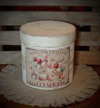 Load image into Gallery viewer, Primitive Distressed Aged Grungy Farmhouse Valentine Pantry Box~Rustic Valentine's Day Decor~Tattered Label~Painted Paper Mache Box with Lid