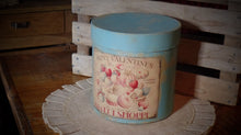 Load image into Gallery viewer, Primitive Distressed Aged Grungy Farmhouse Valentine Pantry Box~Rustic Blue Valentine's Day Decor~Tattered Label~Painted Paper Mache Box