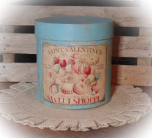 Load image into Gallery viewer, Primitive Distressed Aged Grungy Farmhouse Valentine Pantry Box~Rustic Blue Valentine's Day Decor~Tattered Label~Painted Paper Mache Box