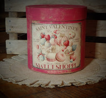 Load image into Gallery viewer, Primitive Distressed Aged Grungy Farmhouse Valentine Pantry Box~Rustic Valentine's Day Decor~Tattered Label~Painted Paper Mache Box with Lid