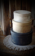 Load image into Gallery viewer, Primitive Distressed Aged Grungy Nesting Pantry Boxes~Farmhouse Rustic Kitchen Stacking Boxes~Warm Rich Tones of Black~Tobacco~Cream~Grungy