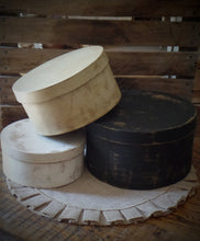 Load image into Gallery viewer, Primitive Distressed Aged Grungy Nesting Pantry Boxes~Farmhouse Rustic Kitchen Stacking Boxes~Warm Rich Tones of Black~Tobacco~Cream~Grungy