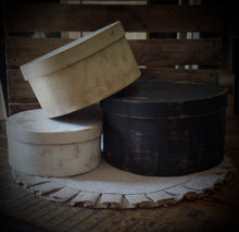 Load image into Gallery viewer, Primitive Distressed Aged Grungy Nesting Pantry Boxes~Farmhouse Rustic Kitchen Stacking Boxes~Warm Rich Tones of Black~Tobacco~Cream~Grungy