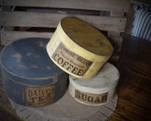 Load image into Gallery viewer, Primitive Distressed Aged Grungy Nesting Pantry Boxes~Farmhouse Rustic Stacking Kitchen Boxes~Muted Navy~Yellow~Cream~Grungy Pantry Labels