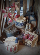 Load image into Gallery viewer, Primitive Americana Distressed Drum & Wood Sticks~Farmhouse 4th of July~Stars Stripe~Rustic Patriotic Table Decor~Tattered Faux Firecrackers
