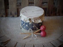 Load image into Gallery viewer, Primitive Americana Distressed Drum & Wood Sticks~Farmhouse 4th of July~Stars Stripe~Rustic Patriotic Table Decor~Tattered Faux Firecrackers