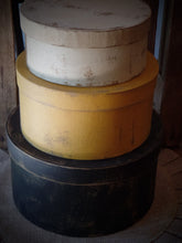 Load image into Gallery viewer, Primitive Distressed Aged Grungy Nesting Pantry Boxes~Farmhouse Rustic Stacking Kitchen Boxes~Black~Mustard~Cream~Grungy Pantry Labels