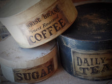 Load image into Gallery viewer, Primitive Distressed Aged Grungy Nesting Pantry Boxes~Farmhouse Rustic Kitchen Stacking Boxes~Warm Rich Tones of Black~Tobacco~Cream~Grungy