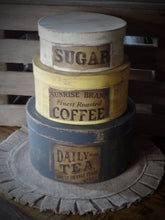 Load image into Gallery viewer, Primitive Distressed Aged Grungy Nesting Pantry Boxes~Farmhouse Rustic Stacking Kitchen Boxes~Muted Navy~Yellow~Cream~Grungy Pantry Labels
