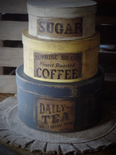 Load image into Gallery viewer, Primitive Distressed Aged Grungy Nesting Pantry Boxes~Farmhouse Rustic Stacking Kitchen Boxes~Muted Navy~Yellow~Cream~Grungy Pantry Labels