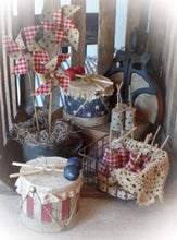 Load image into Gallery viewer, Primitive Americana Distressed Drum & Wood Sticks~Farmhouse 4th of July~Stars Stripe~Rustic Patriotic Table Decor~Tattered Faux Firecrackers