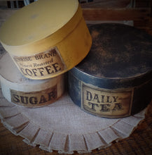 Load image into Gallery viewer, Primitive Distressed Aged Grungy Nesting Pantry Boxes~Farmhouse Rustic Stacking Kitchen Boxes~Black~Mustard~Cream~Grungy Pantry Labels