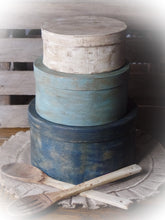 Load image into Gallery viewer, Primitive Distressed Aged Grungy Nesting Pantry Boxes~Farmhouse Rustic Kitchen Stacking Boxes~Warm Blues & Cream~
