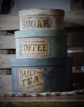 Load image into Gallery viewer, Primitive Distressed Aged Grungy Labeled Nesting Pantry Boxes~Farmhouse Rustic Kitchen Stacking Boxes~Warm Blues & Cream~