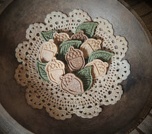 Load image into Gallery viewer, Primitive Autumn Leaves Distressed Aged Grungy Paper Mache Stacking Pantry Box~Farmhouse Rustic Tattered Warm Fall Colors~Acorn Bowl Fillers
