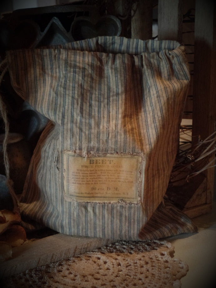 Primitive Shaker Seed Ditty Bag~Aged Blue Ticking Stripe~Tattered~Old Rustic Colonial Farmhouse Decor~Peg Hang~Prairie Cloth~Laundry Keeper