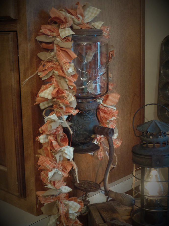 Rustic Country~Farmhouse~Primitive Easter Orange~Homespun Fabric Lighted Rag Garland~Burlap~Bows~String Lights~Accents~Easter Home Decor