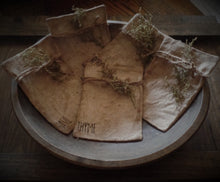 Load image into Gallery viewer, Primitive Herb Seed Packs~Aged~Farmhouse~Bowl Fillers~Sweet Annie~Jute~Set of 5~Prairie Cloth~Garden Seeds Pouches~Rustic Decor
