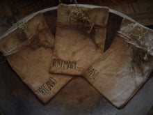 Load image into Gallery viewer, Primitive Herb Seed Packs~Aged~Farmhouse~Bowl Fillers~Sweet Annie~Jute~Set of 5~Prairie Cloth~Garden Seeds Pouches~Rustic Decor
