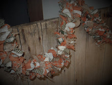 Load image into Gallery viewer, Farmhouse Fall Lighted Rag Garland~Rustic Home Fall Garland~Orange Sage Cream Homespun Fabric~Lighted Primitive Swag~Rustic Mantel Decor
