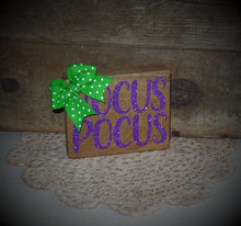 Load image into Gallery viewer, Halloween Tiered Tray Hocus Pocus! Farmhouse Halloween Wood Sign~Home Decor~Glitter Sparkle~Purple Glitter~Green &amp; White Dot Bow~
