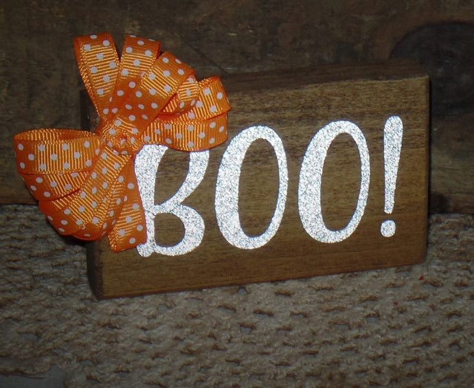 Halloween Tiered Tray Boo! Farmhouse Halloween Wood Sign~Home Decor~Glitter Sparkle~Orange & White Dot Bow~Warm Walnut Stain