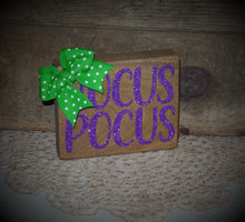 Load image into Gallery viewer, Halloween Tiered Tray Hocus Pocus! Farmhouse Halloween Wood Sign~Home Decor~Glitter Sparkle~Purple Glitter~Green &amp; White Dot Bow~
