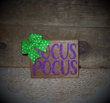 Load image into Gallery viewer, Halloween Tiered Tray Hocus Pocus! Farmhouse Halloween Wood Sign~Home Decor~Glitter Sparkle~Purple Glitter~Green &amp; White Dot Bow~
