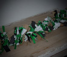 Load image into Gallery viewer, Farmhouse St. Patrick&#39;s Day Shamrock Fabric Lighted Rag Garland~Green~Burlap~Bows~String Lights~Mantle~Cabinet Tops~Entryway~Night Light~
