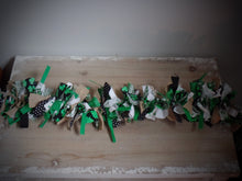 Load image into Gallery viewer, Farmhouse St. Patrick&#39;s Day Shamrock Fabric Lighted Rag Garland~Green~Burlap~Bows~String Lights~Mantle~Cabinet Tops~Entryway~Night Light~
