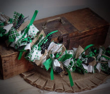 Load image into Gallery viewer, Farmhouse St. Patrick&#39;s Day Shamrock Fabric Lighted Rag Garland~Green~Burlap~Bows~String Lights~Mantle~Cabinet Tops~Entryway~Night Light~
