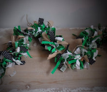 Load image into Gallery viewer, Farmhouse St. Patrick&#39;s Day Shamrock Fabric Lighted Rag Garland~Green~Burlap~Bows~String Lights~Mantle~Cabinet Tops~Entryway~Night Light~
