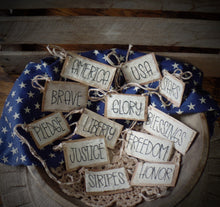 Load image into Gallery viewer, Primitive 4th of July Stitched Hang Tags~Farmhouse Americana Bowl Fillers~Rustic~July 4th Grungy Coffee Stained Hang Tags~Prim Pencil Tree
