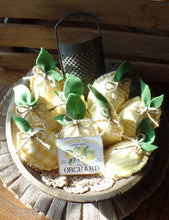 Load image into Gallery viewer, Farmhouse Lemon Tiered Tray Decor~Rustic Summer Bowl Fillers~Yellow Homespun Fabric~Hand Dyed Wool Leaves~Summer Home Decor~Fabric Lemons
