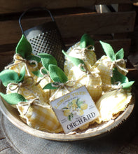 Load image into Gallery viewer, Farmhouse Lemon Tiered Tray Decor~Rustic Summer Bowl Fillers~Yellow Homespun Fabric~Hand Dyed Wool Leaves~Summer Home Decor~Fabric Lemons
