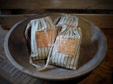 Load image into Gallery viewer, Primitive Shaker Seed Ditty Bag~Aged Blue Ticking Stripe~Tattered~Old Rustic Colonial Farmhouse Decor~Peg Hang~Prairie Cloth~Garden Sack
